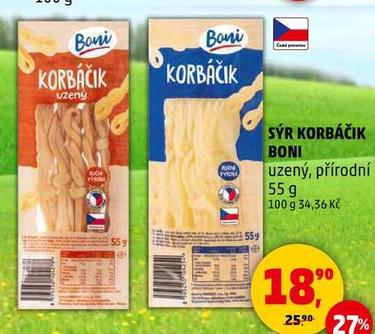 SÝR KORBÁČIK BONI uzený, přírodní, 55 g 