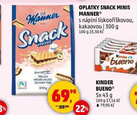 OPLATKY SNACK MINIS MANNER s náplní lískooříškovou, 300 g