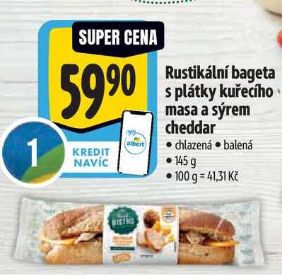 Rustikální bageta s plátky kuřecího masa a sýrem cheddar, 145 g