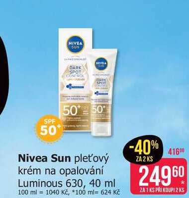 Nivea Sun pleťový krém na opalování Luminous 630, 40 ml 