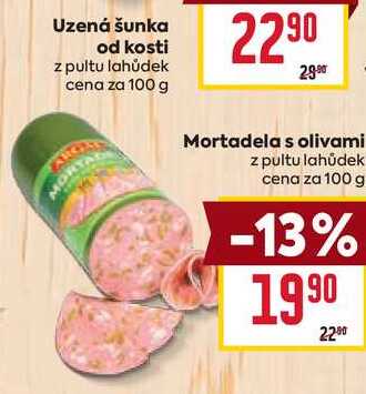 Mortadela s olivami z pultu lahůdek cena za 100 g