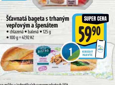 Šťavnatá bageta s trhaným vepřovým a špenátem  125 g