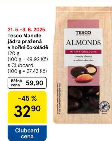 Tesco Mandle jádra pražená v hořké čokoládě, 120 g 
