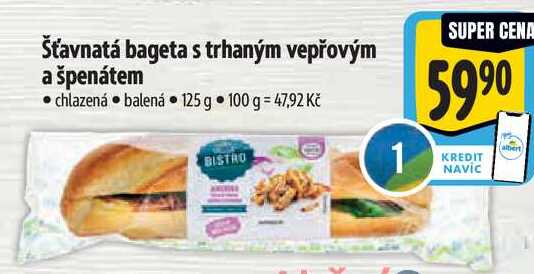Šťavnatá bageta s trhaným vepřovým a špenátem, 125 g