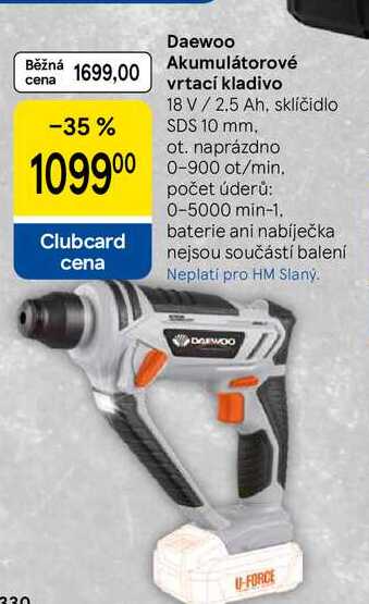 Daewoo Akumulátorové vrtací kladivo 18 V / 2.5 Ah, sklíčidlo SDS 10 mm. ot. naprázdno 0-900 ot/min.  