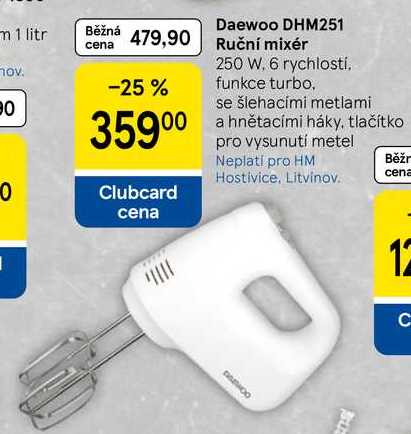 Daewoo DHM251 Ruční mixér 250 W, 6 rychlostí, funkce turbo, se šlehacími metlami a hnětacími háky 