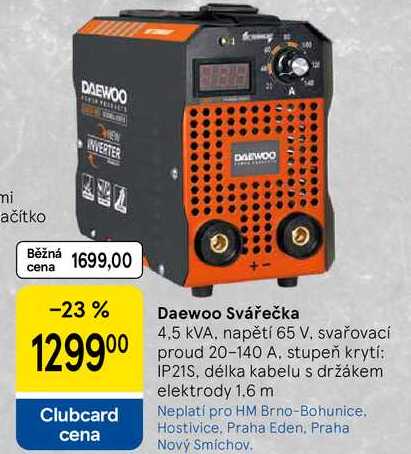 Daewoo Svářečka 4,5 kVA, napětí 65 V. svařovací proud 20-140 A.  