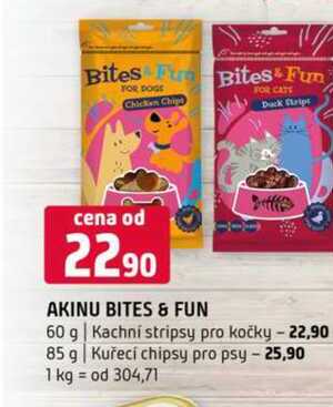 Akinu bites fun 60 g Kachní stripsy pro kočky 85 g Kuřecí chipsy pro psy