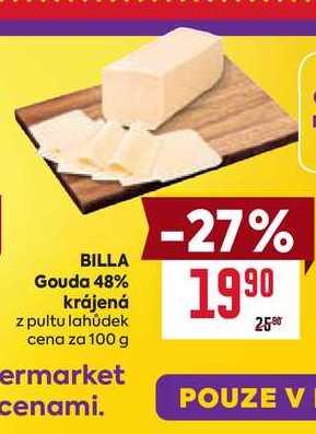 BILLA Gouda 48% krájená z pultu lahůdek cena za 100 g 