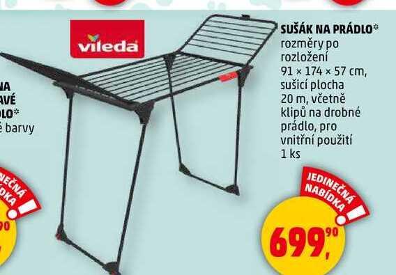 Vileda SUŠÁK NA PRÁDLO rozměry po rozložení 91 × 174 x 57 cm, sušicí plocha 20 m, 1 ks