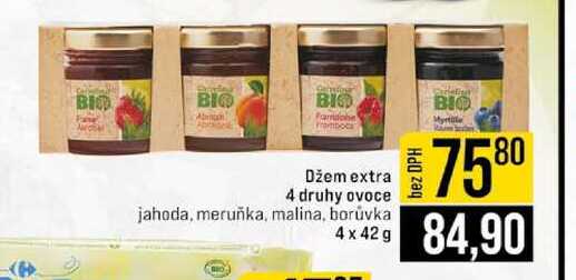 Džem extra 4 druhy ovoce jahoda, meruňka, malina, borůvka 4 x 42 g 