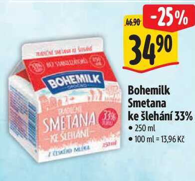 Bohemilk Smetana ke šlehání 33%, 250 ml