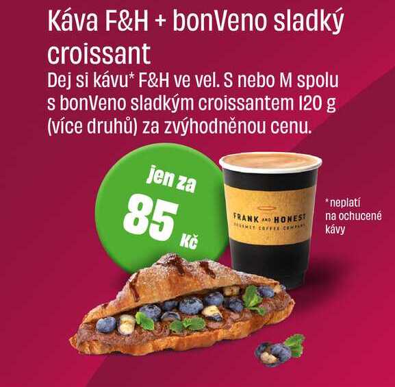 Káva F&H ve vel. S nebo M spolu s bonVeno sladkým croissantem 120 g 