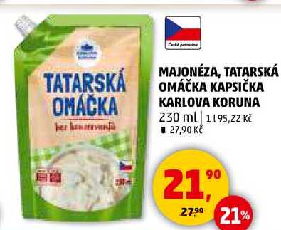 MAJONÉZA, TATARSKÁ OMÁČKA KAPSIČKA KARLOVA KORUNA, 230 ml  