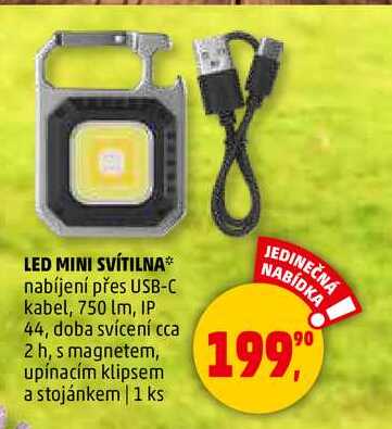 LED MINI SVÍTILNA nabíjení přes USB-C kabel, 750 lm, IP 44, doba svícení cca 2 h, s magnetem, upínacím klipsem a stojánkem, 1 ks 