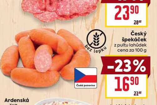 Český špekáček z pultu lahůdek cena za 100g