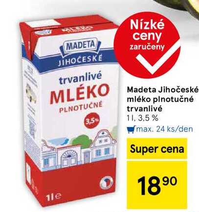 Madeta Jihočeské mléko plnotučné trvanlivé 3,5%, 1 l  