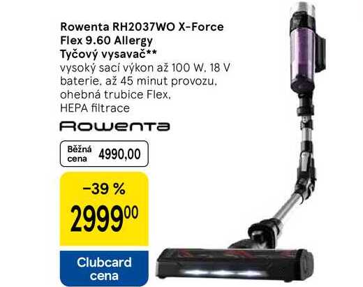 Rowenta RH2037WO X-Force Flex 9.60 Allergy Tyčový vysavač, vysoký sací výkon až 100 W. 18 V baterie, až 45 minut provozu