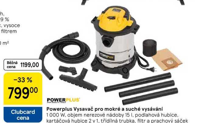 Powerplus Vysavač pro mokré a suché vysávání 1000 W, objem nerezové nádoby 15 I. podlahová hubice. kartáčová hubice 2 v 1. třídílná trubka, filtr a prachový sáček