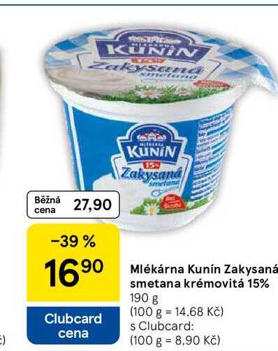 Mlékárna Kunín Zakysaná smetana krémovitá 15%, 190 g  