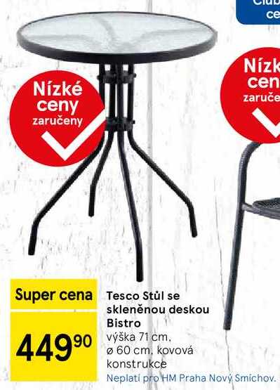 Tesco Stůl se skleněnou deskou Bistro výška 71 cm. Ø 60 cm, kovová konstrukce 