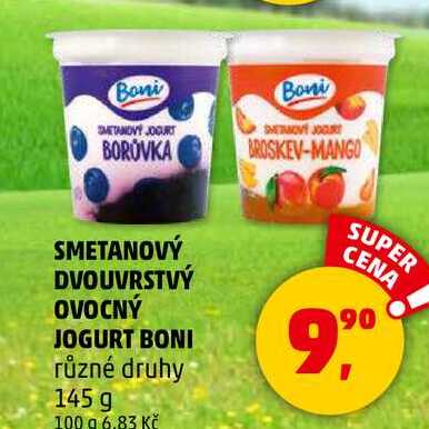 SMETANOVÝ DVOUVRSTVÝ OVOCNÝ JOGURT BONI různé druhy, 145 g  