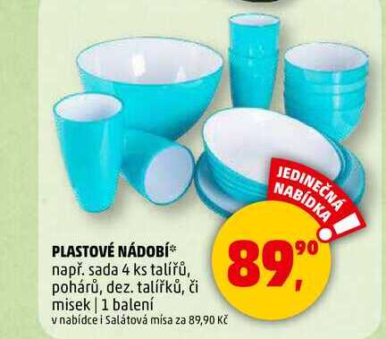 PLASTOVÉ NÁDOBÍ např. sada 4 ks talířů, pohárů, dez. talířků, či misek, 1 balení