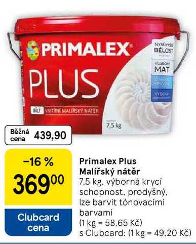 Primalex Plus Malířský nátěr, 7.5 kg. výborná krycí schopnost, prodyšný, Ize barvit tónovacími barvami  