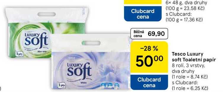 Tesco Luxury soft Toaletní papír, 8 rolí, 3 vrstvy. dva druhy