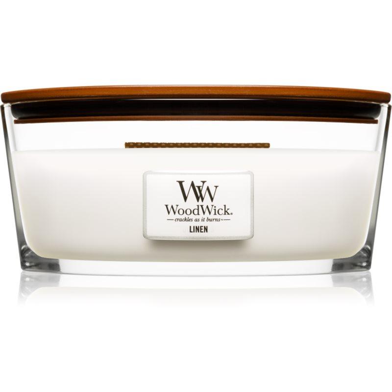 Woodwick Linen vonná svíčka s dřevěným knotem (hearthwick) 453.6 g