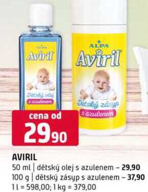 Aviril Detský zásyp azulenem 50 ml dětský olej s azulenem 100 g dětský zásyp s azulenem 
