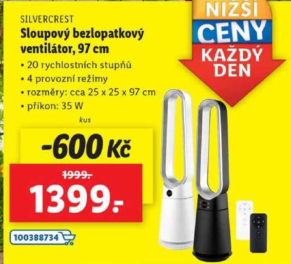Sloupový bezlopatkový ventilátor, 97 cm 