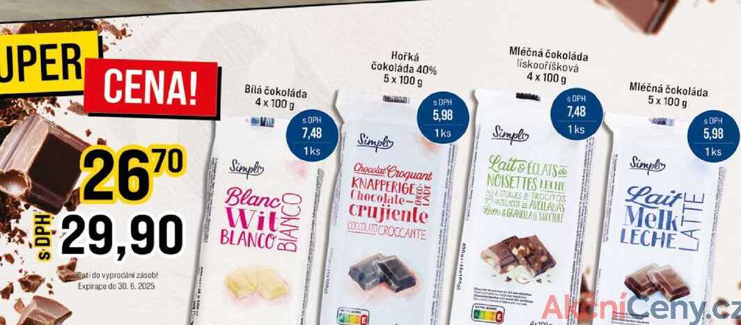 Bílá čokoláda 4 x 100g Hořká čokoláda 40% 5 x 100 g Mléčná čokoláda liskooříšková 4 x 100 g Mléčná čokoláda 5 x 100 g 