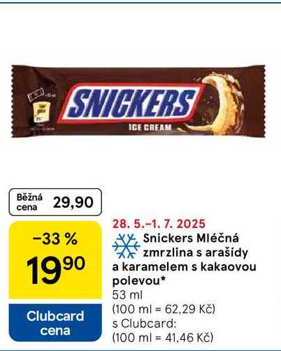 Snickers Mléčná zmrzlina s arašídy a karamelem s kakaovou polevou, 53 ml 