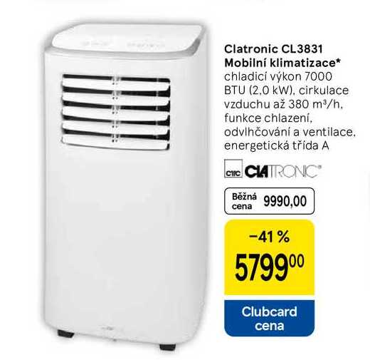 Clatronic CL3831 Mobilní klimatizace, chladicí výkon 7000 BTU (2.0 kW), cirkulace vzduchu až 380 m³/h. funkce chlazení, odvlhčování a ventilace. energetická třída A 
