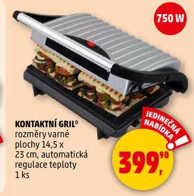 KONTAKTNÍ GRIL rozměry varné plochy 14,5 x 23 cm, automatická regulace teploty, 1 ks 
