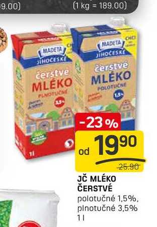 JČ MLÉKO ČERSTVÉ polotučné 1,5%, plnotučné 3,5% 1l