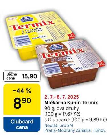 Mlékárna Kunín Termix, 90 g, dva druhy 