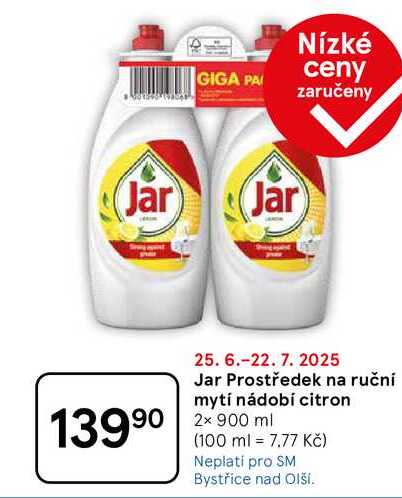 Jar Prostředek na ruční mytí nádobí citron, 2x 900 ml  