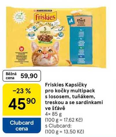 Friskies Kapsičky pro kočky multipack s lososem, tuňákem, treskou a se sardinkami ve šťávě, 4× 85 g 