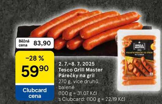 Tesco Grill Master Párečky na gril, 270 g, více druhů 