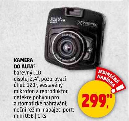 KAMERA DO AUTA, barevný LCD displej 2,4", pozorovací úhel: 120°, vestavěný mikrofon a reproduktor, detekce pohybu pro automatické nahrávání, noční režim, napájecí port: mini USB, 1 ks 