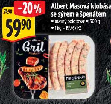 Albert Masová klobása se sýrem a špenátem, 300 g
