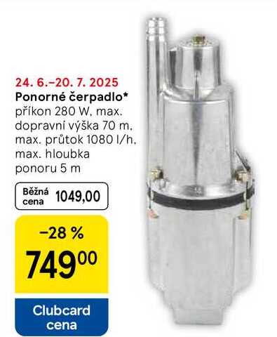 Ponorné čerpadlo, příkon 280 W, max. dopravní výška 70 m. max. průtok 1080 l/h. max. hloubka ponoru 5 m 