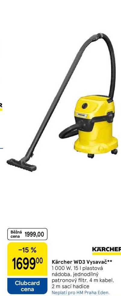 Kärcher WD3 Vysavač, 1000 W, 15 I plastová nádoba, jednodílný patronový filtr, 4 m kabel, 2 m sací hadice  