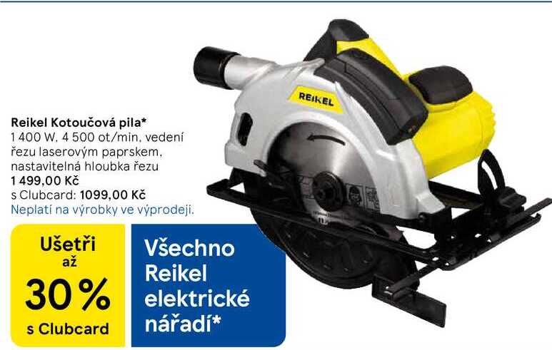 Reikel Kotoučová pila, 1400 W. 4 500 ot/min, vedení řezu laserovým paprskem, nastavitelná hloubka řezu 