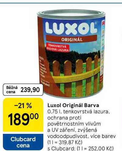 Luxol Originál Barva, 0,75 I, tenkovrstvá lazura. ochrana proti povětrnostním vlivům a UV záření, zvýšená vodoodpudivost. více barev  