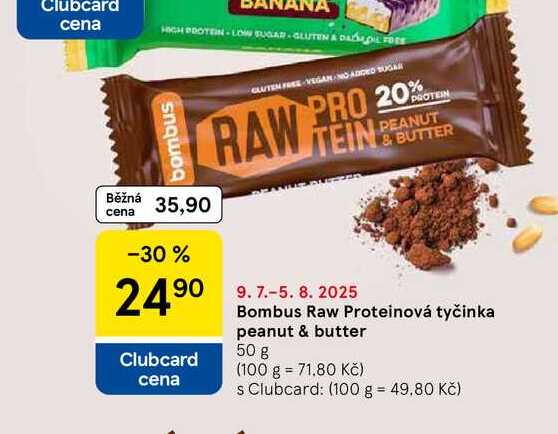 Bombus Raw Proteinová tyčinka peanut & butter, 50 g 