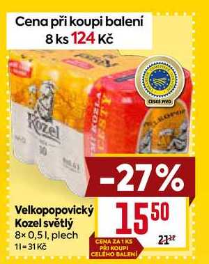 Velkopopovický Kozel 11°, světlý ležák (8 kusů) 0.5l plech