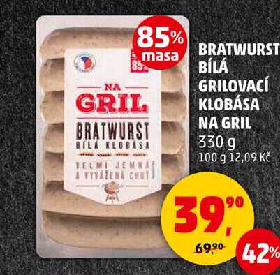 BRATWURST BILA GRILOVACÍ KLOBÁSA NA GRIL, 330 g 